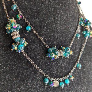 Coldwater Creek Blue Crystal Cluster Gray Silver Beaded Necklace Long